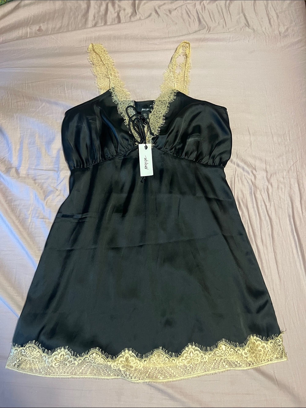 Nasty Gal Black Chemise with Cream Lace Trim